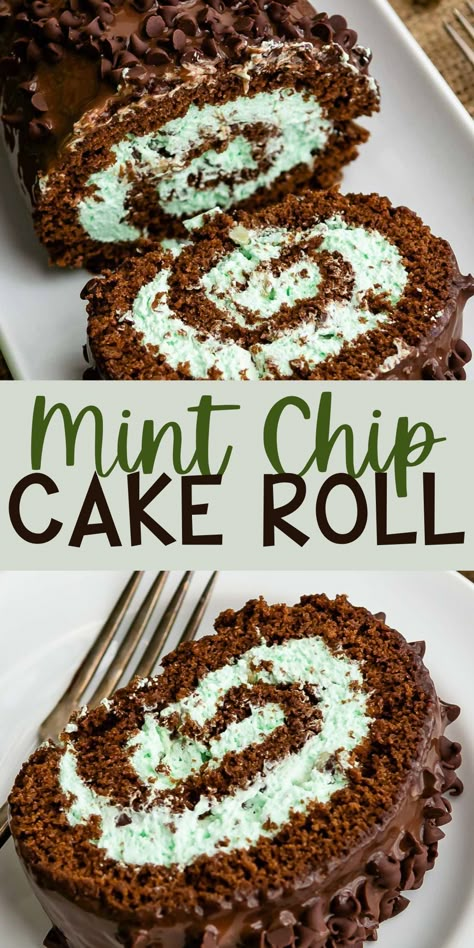 This Mint Chip Cake is a chocolate cake roll with mint chip frosting inside - covered with chocolate ganache - it's the perfect mint chip dessert recipe! Easy Cake Roll, Mint Chip Cake, Mint Chip Desserts, Chocolate Cake Roll, Jelly Roll Cake, Mint Desserts, Chocolate Roll Cake, Mint Cake, Cake Roll Recipes