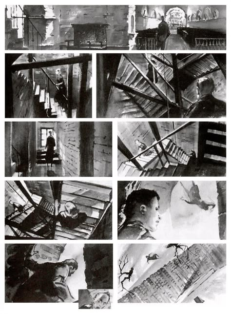 Storyboard for Alfred Hitchcock's 'Vertigo' "The sharply increasing pitch of the angles explain Stewart's oncoming vertigo and inability to reach Novak. Hitchcock planned a complex zoom-in, pull-out camera shot with rotation to achieve this. Very complex and highly effective" KB Storyboard Examples, Jorge Gonzalez, Storyboard Illustration, Animation Storyboard, Comic Layout, Color Script, Storyboard Artist, Arte Sketchbook, Alfred Hitchcock