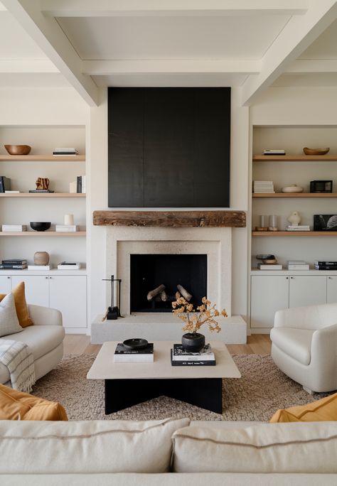 Beautiful Fireplace Built-Ins: 18+ Ideas That Inspire Floating Mantle Brick Fireplace, Fireplace Bookcase Built Ins, Fireplace Floating Mantle, Bench Next To Fireplace, Fireplace Shelves Decor, Plaster Fireplace Ideas, Small Living Room Ideas With Fireplace, Closet Fireplace, Fireplace Shelving