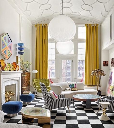 Jonathan Adler Living Room, Greenwich Village Apartment, Checkered Floor, Living Room White, Greenwich Village, Jonathan Adler, High Ceilings, Maximalism, New Living Room