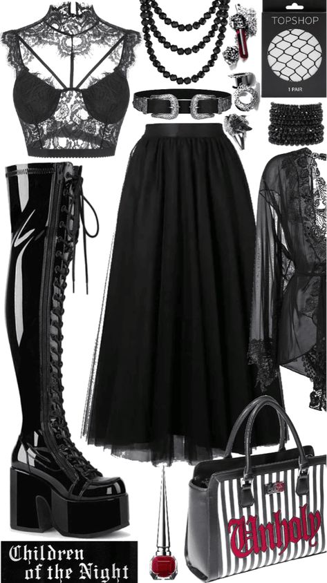 Ghost Bc Concert Outfit, Subtle Gothic Fashion, Ghost Band Concert Outfit Ideas, Black Goth Outfit Aesthetic, Fishnet Goth Outfit, Alt New Years Eve Outfits, Alternative Birthday Outfit, Vampy Goth Outfit, Goth Ideas Outfit