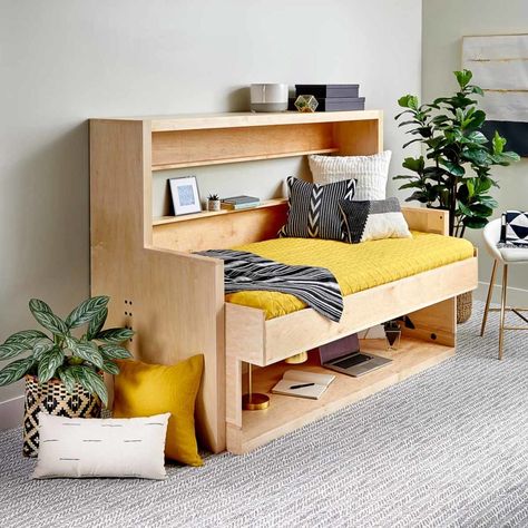 How to Build a Murphy Bed that Easily Transforms into a Desk | The Family Handyman Twin Murphy Bed With Desk, Murphy Shelf, Diy Murphy Bed Desk, Murphy's Bed, Bed And Desk Combo, Desk Murphy Bed, Murphy Furniture, Bed And Desk, Diy Murphy Bed