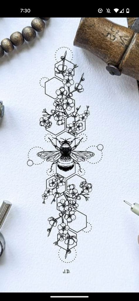 Science Floral Tattoo, Anatomical Bee Tattoo, Bee Tattoo Ideas Black And White, Bee Theme Tattoo Sleeve, Bumble Bee Half Sleeve Tattoo, Honeycomb With Flowers Tattoo, Bee Spine Tattoos For Women, Bee Back Tattoo Women, Bee Leg Tattoos Women