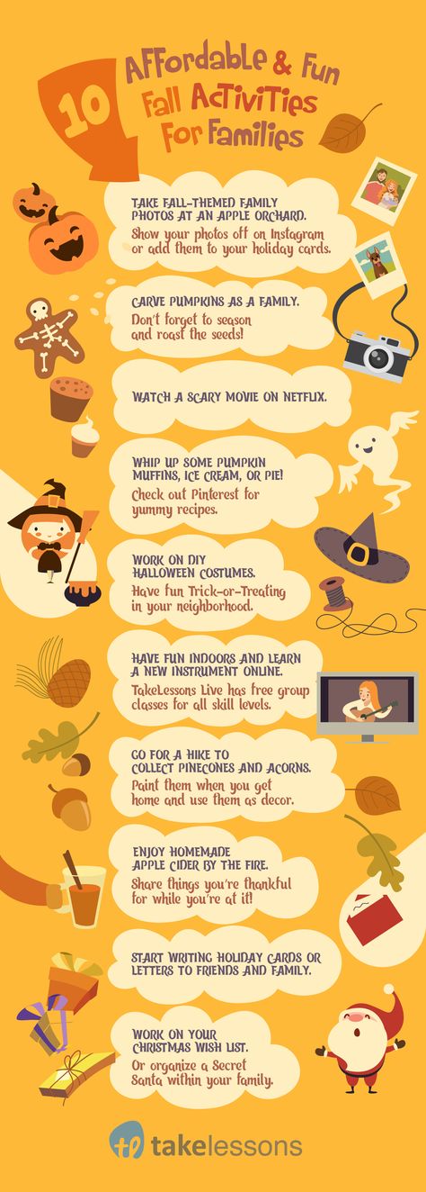 10 Affordable & Fun Fall Activities for Families [Infographic] #fall #fallfun #families #kidsactivities November Family Activities, Fall To Do List Families, Autumn Facts, Fall Infographic, Fun Facts About Fall, Halloween Snack, Turkey Crafts, Pumpkin Patches, Online Teachers