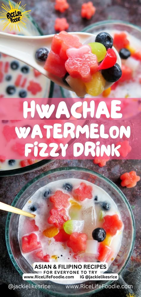 watermelon-HWACHAE-RECIPE-in-bowl Simple Summer Food Ideas, Hawachae Recipe, Asian Drink Recipes, Hwachae Bowl, Easy Drinks To Make At Home For Kids, Hwachae Korean, Hwachae Recipe, Korean Drinks Recipe, Asian Drink