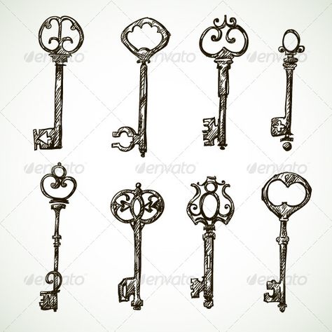 Set of Vintage Key Drawings  #GraphicRiver Vintage Key Tattoos, Skeleton Key Tattoo, Key Tattoo Designs, Key Drawings, Key Tattoos, Key Tattoo, Watercolor Tattoo Flower, Sugar Skull Tattoos, Theme Harry Potter