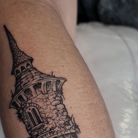 Wizard Tower Tattoo, Medieval Tower Tattoo, Tudor Tattoo Ideas, Dark Witchy Tattoos, Castle Tower Tattoo, Celtic Irish Tattoo, Medieval Castle Tattoo, Dragon And Castle Tattoo, Tower Tattoo