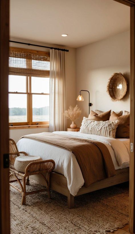 Earthy Bedroom Ideas for a Super Cozy Retreat 22 Earth Colored Bedroom, Master Bedrooms Earthy, Cozy Desert Bedroom, Earthy Bedroom Wallpaper, Earth Tone Guest Bedroom, Cosy Earthy Bedroom, Rustic Modern Bedroom Master Suite Ideas, Earthy Bedroom Ideas Earth Tones, Earthy Small Bedroom