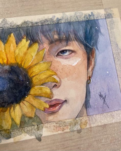 Namjoon Aesthetic Drawing, K Pop Watercolor Painting, Namjoon Watercolor Painting, Rm Watercolor Painting, Rm Drawing Sketch, Kpop Watercolor Art, Watercolour Aesthetic Art, Aesthetic Drawing Watercolor, Namjoon Painting