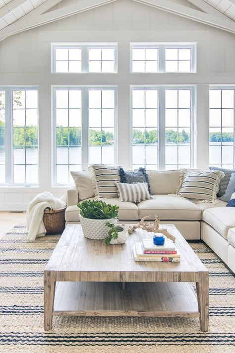 Lake House Blue and White Living Room Decor Blue And White Living Room, White Living Room Decor, Sala Grande, Decor Ikea, Cottage Living Rooms, Coastal Living Rooms, Coastal Living Room, White Living, White Living Room