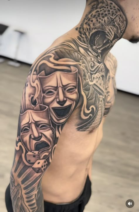 Full Arm Tattoo Men Sleeve Ideas, Chicano Forearm Tattoo, Drama Faces Tattoo, 110 Tattoo, Face Temple Tattoo, Laugh Now Cry Later Tats Men, Casino Tattoo Sleeve, Tattoo For Leg, Chicano Arm Sleeve