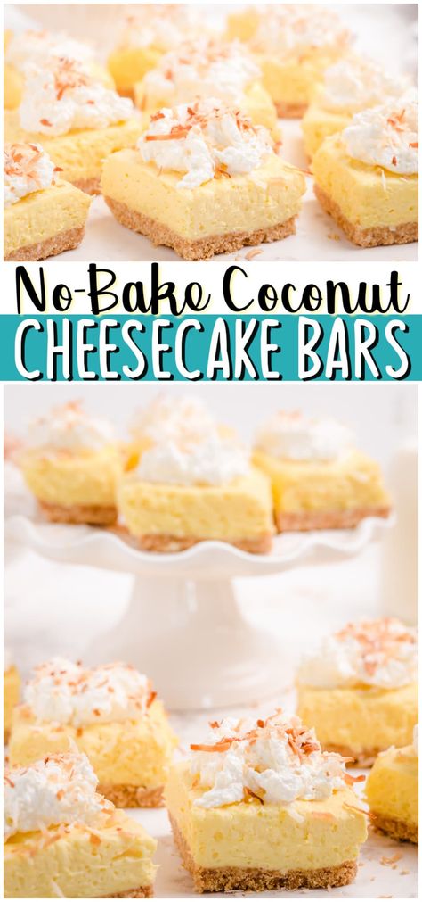 Easy No-Bake Coconut Cheesecake Bars made with just 6 ingredients and so delicious! Coconut Pudding mix, cream cheese and whipped cream unite in this simple no-bake cheesecake recipe. #nobake #coconut #cheesecake #dessert #easyrecipe from BUTTER WITH A SIDE OF BREAD Coconut Cream Cheesecake Recipes, Coconut Cheesecake Recipes, No Bake Coconut Cheesecake, Coconut Cheesecake Bars, 2023 Desserts, Cheesecake Coconut, Cheesecake Bars Easy, Coconut Cheesecake, Cheesecake Dessert