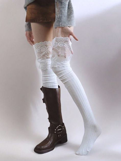 1 Pair Of Women's White Lace Knitted Knee High Socks, Paired With Long Boots For Fashionable Wear, Embellishing Leg Shape, Long Socks, Suitable For Daily UseI discovered amazing products on SHEIN.com, come check them out! Long Socks With Boots, Long Socks Aesthetic, Socks Aesthetic, Womens Knee High Socks, Floral Styling, Kitty Items, Lace Socks, White Socks, Women Socks