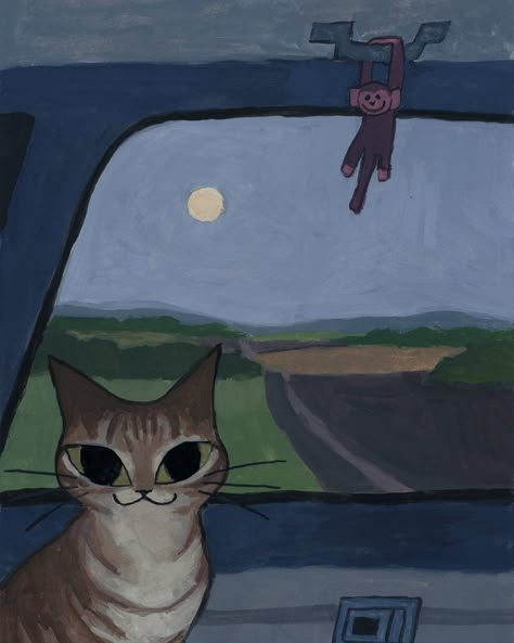 Out on a car ride. Where are you off to little cat? print available 💌 #gouachepainting #cats #painting #catart Sorority Paintings, Christmas Cat Art, Small Painting Ideas, Illustration Scene, Tiktok Photo, Tiktok Slideshow, Cat Artist, Cats Painting, Cat Landscape