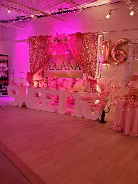 Small Birthday Venue Ideas, Sweet 16 Room Decorations, Huge Sweet 16 Party, Sweet 16 Party Ideas Black People, Pink Out Sweet 16, Epic Sweet 16 Party Ideas, Sweet 16 Party Ideas Venues, Barbie Theme Quinceanera, Pink White And Silver Sweet 16 Decorations