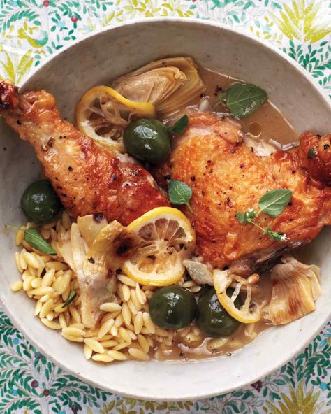 Made this tonight, so good!  Braised Chicken With Artichokes, Olives, and Lemon Chicken With Artichokes, Martha Stewart Cooking School, Wild Rose Detox Recipes, Healthy One Pot Meals, Delicious Chicken Dinners, Broiled Chicken, Orzo Recipes, Braised Chicken, Chicken Dish