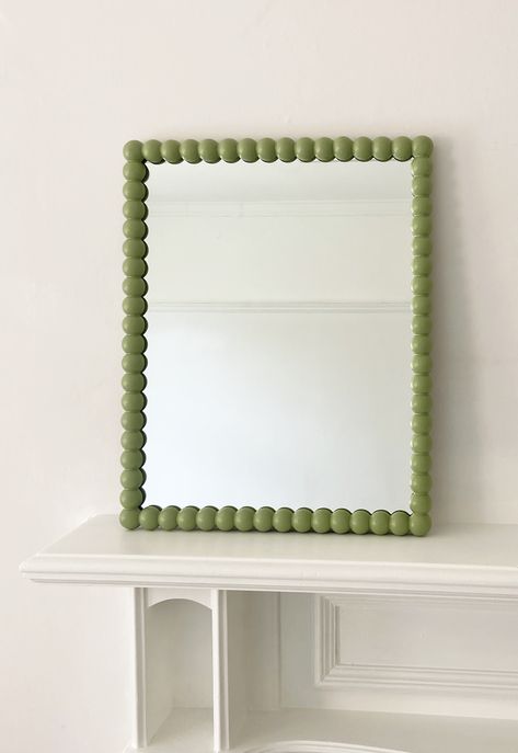 Bobbin mirror. Made in England exclusively for DOWSE in these custom colours & size. With its bold and bulbous style, the Bobbin ( or Spool style Custom Mirrors Diy, Square Mirror Decor, Mirror Frame Diy, Mirror Painting, Square Mirror, Pistachio Green, Diy Mirror, Pop Bottles, Contemporary Aesthetic