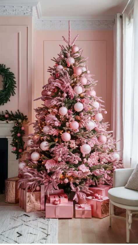 Create a chic holiday look with a pink-themed Christmas tree! Pair soft blush tones with metallics like gold or silver, or go bold with fuchsia and deep plum accents. Perfect for adding elegance and charm to your festive decor! #PinkChristmasTree #ElegantHolidayDecor #ChristmasColorSchemes Pink And Silver Christmas Decor, Pink And Burgundy Christmas Tree, Pink Theme Christmas Tree, Pink Christmas Ideas, Thanksgiving Living Room Decorations, Christmas Color Schemes, Christmas Tree Colour Scheme, Color Scheme Ideas, Christmas Tree Theme