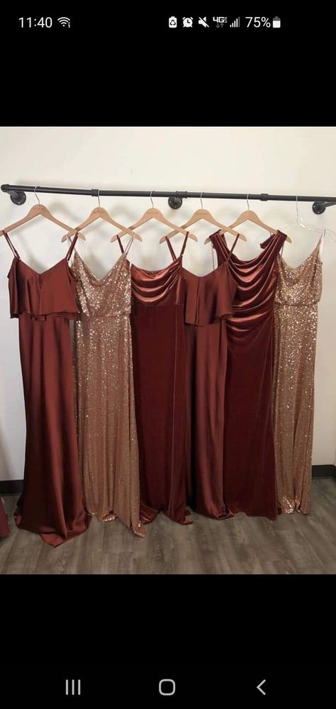 Fall Wedding Cinnamon Color, Bronze And Burgundy Wedding, Terracotta And Cream Bridesmaid Dresses, Rose Gold Burgundy And Brown Wedding, Maroon Mismatched Bridesmaid Dresses, Dark Rust Bridesmaid Dress, Maroon And Copper Wedding, Rust Brown Bridesmaid Dress, Spice Bridesmaid Dress