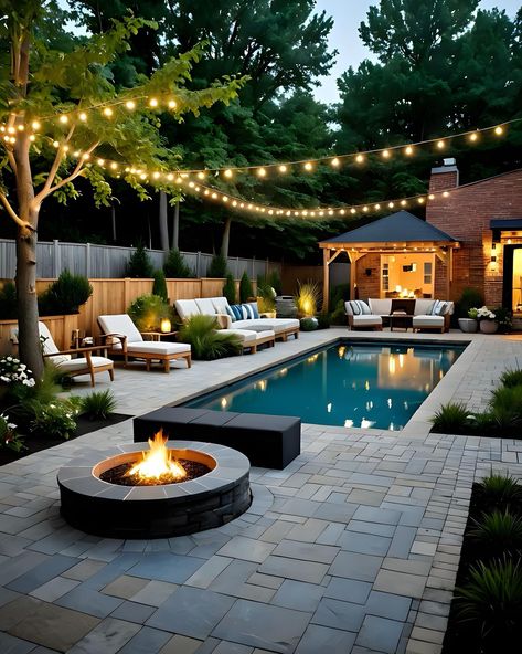 Cozy Backyard Ideas With Pool, Fire Pit String Lights, Pool Aesthetics, Manicured Landscaping, Pool Party Aesthetic, Pool Bar Design, Split Level House Exterior, New Jersey Homes, Backyard Deck Ideas