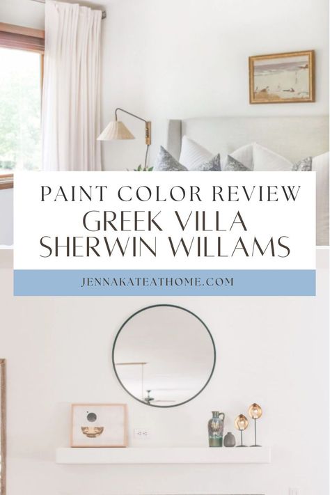 The elegant soft white of SW Greek Villa enhances any room with its bright and airy feel. It’s not just great for walls; it also looks amazing on cabinets. Curious about how it measures up to other favored white paints? Check out our detailed article to learn more! Sherwin Williams Roman Column Walls, Sherwin Williams Greek Villa Kitchen, Sw Greek Villa Walls, Greek Villa Interior, Greek Villa Sherwin Williams Walls, Greek Villa Color Palette, Greek Villa Paint Color, Greek Villa Paint, Sw Greek Villa