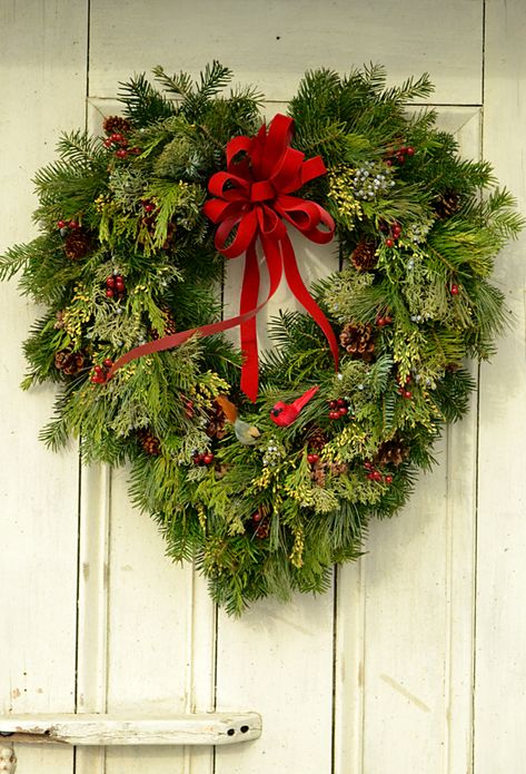 Wreaths don't have to be round! Click back to the article to see more examples of creative wreaths at Lockwood's Greenhouses in Hamburg, NY. Photo copyright Connie Oswald Stofko Christmas Tree Cross, Heart Christmas Tree, Diy Valentines Day Wreath, Creative Shapes, Christmas Decorations Diy Crafts, Creative Wreaths, Heart Shaped Wreaths, Heart Christmas, Christmas Hearts