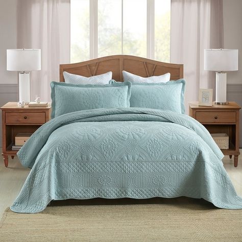 MarCielo 3Pcs 100% Cotton Oversized Quilt Bedspread Coverlet Set TF - On Sale - Bed Bath & Beyond - 37109374 Farmhouse Bedding Sets, Oversized Quilt, Angel Blue, Quilt Bedspread, Coverlet Bedding, Farmhouse Bedding, Lightweight Quilt, Blue Embroidery, Bedspread Set