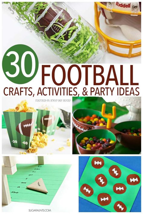 Get ready for game day with 30 fun football crafts, activities, and party ideas. Loads of free printables too! Football crafts | Football activities | Football party | Football printables | Kids Football Superbowl Party Ideas For Kids, Superbowl Crafts For Kids, Super Bowl Activities For Kids, Superbowl Activities, Football Party Activities, Superbowl Snacks For Kids, Kids Football Parties, Football Activities, Football Printables