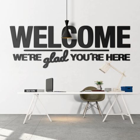 Welcome We’re glad you’re here Office Decor Foyer Feature Wall, Church Entryway, Church Lobby Design, Church Welcome Center, Church Signage, Youth Room Ideas, Church Wall Decor, Church Entrance, Fellowship Hall