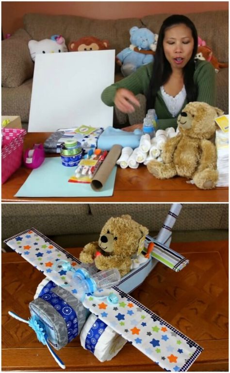 25 Enchantingly Adorable Baby Shower Gift Ideas That Will Make You Go “Awwwww!” - Most of these are DIY projects anyone can do! This is best collection I found!! #babyshower #giftideas #cute Unique Diaper Cakes For Boys, Boy Diaper Cake Ideas, Airplane Diaper Cake, Unique Diaper Cakes, Airplane Baby Shower, Diaper Gifts, Towel Cakes, Baby Shower Gift Ideas, Shower Gift Ideas