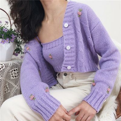 ─ ✰ 𝐏𝐢𝐧𝐭𝐞𝐫𝐞𝐬𝐭: 𝐡𝐨𝐧𝐞𝐞𝐲𝐣𝐢𝐧 Moda Ulzzang, Cardigan Set, Purple Outfits, Purple Sweater, Mode Inspo, Looks Chic, Knit Fashion, Mode Inspiration, Crochet Fashion