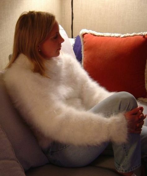 French Angora Rabbit, Fluffy Sweaters, Fuzzy Sweater Outfit, Yarn Clothes, Rabbit Breeds, Plastic Clothes, Angora Sweater, Fluffy Sweater, White Turtleneck