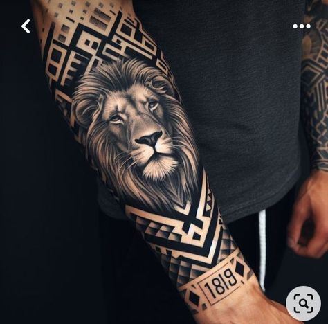 Lion Leg Tattoo, Lion Arm Tattoo, Hals Tattoo Mann, Lion Hand Tattoo, Arm Tattoos For Guys Forearm, Lion Forearm Tattoos, Tattoo Hombre, Geometric Lion Tattoo, Lion Art Tattoo