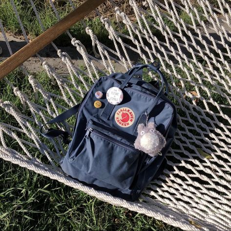 Bag With Pins Aesthetic, Kanken Navy, Kanken Backpack Aesthetic, Etsy Keychain, Backpack Kanken, Totoro Backpack, Kanken Classic, Totoro Plush, Bday Wishlist