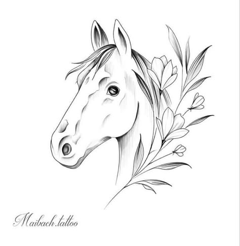 Horses Tattoo Design, Linework Horse Tattoo, Horse Flower Drawing, Horse Head Tattoo Design, Horse Flower Tattoo, Horse And Flower Tattoo, Horse Tatoos Ideas, Equestrian Tattoo, Horses Tattoo