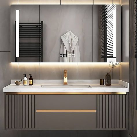 Amazon.com: ZGNBSD Bathroom Vanity with Sink - Floating Bathroom Vanity Contains LED Smart Mirror Cabinet, Solid Wood Bathroom Vanity, Wall-Mounted Installation, Optimized Storage Space (44") : Tools & Home Improvement Solid Wood Bathroom Vanity, Bathroom Remodel Plans, Floating Bathroom Vanities, Bathroom Vanity Designs, Bathroom Vanity With Sink, Vanity With Sink, Wood Bathroom Vanity, Smart Mirror, Floating Bathroom Vanity