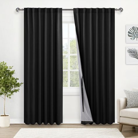 PRICES MAY VARY. PACKAGE INCLUDES: 2 total blackout curtain panels per package (No Curtain Rod). Each curtain measures 52" wide by 84" long inches (Total width is 104 inches), with 2 top hanging options (7 hooks Back tab & 3-inch Rod pocket) for your personalized style and fit most rods. 100% BLACKOUT EFFECT: Made of 2 layer high quality fabric, our blackout curtains can block out all light and UV rays. The surface layer can meet your need for different kinds of decoration style and the inner la Black Blackout Curtains, Protection Energy, Closet Curtains, Black Curtains, Black Liner, Blackout Curtain, Window Panels, Curtain Panels, Curtain Rod