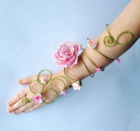 pink rose and buds long flower and vine fairy by InMyFairyGarden Fairy Arm Cuff, Flower Arm Cuff, Fantasia Diy, Garden Fairy Costume, Fairy Costume Women, Bride Ideas, Fairy Halloween Costumes, Flower Costume, Rose Fairy