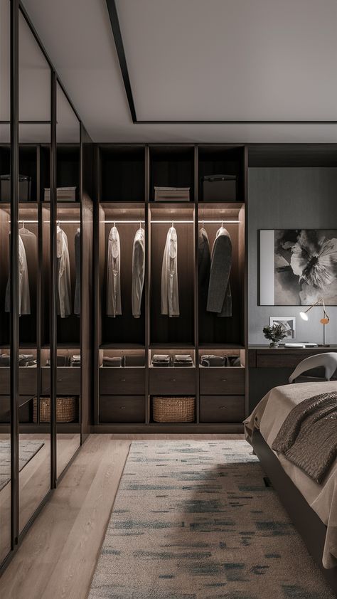 A smart wardrobe with built-in LED lighting and motion sensors offers the ultimate in high-tech convenience. This wardrobe automatically lights up when opened, making it perfect for luxury and contemporary interiors. Smart Wardrobe, Open Wardrobe, Motion Sensors, Wardrobe Armoire, Stylish Storage Solutions, Modern Wardrobe, Compact Storage, Contemporary Interiors, Upcycled Vintage