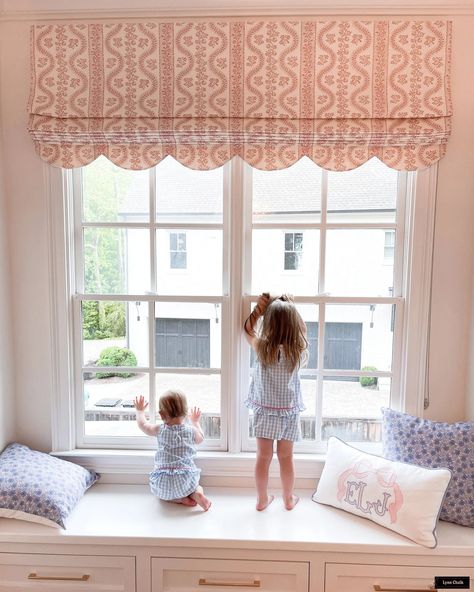 Sister Parish Dolly Custom Roman Shades shown in Pink comes in Other Colors - Etsy Roman Shades With Cafe Curtains, Scalloped Cornice Board, Scalloped Window Shades, Sister Parish Wallpaper, Sister Parish Dolly, Roman Shades Kitchen, Claremont House, Pink And Green Nursery, Patterned Roman Shades