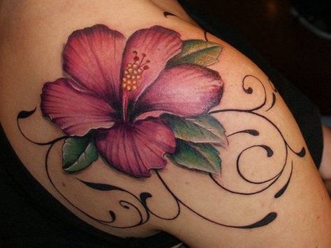 3d Flower Tattoos, Wildflowers Tattoo, Hawaiian Flower Tattoos, Hibiscus Flower Tattoos, Girl Shoulder Tattoos, Shoulder Blade Tattoo, Hibiscus Tattoo, Tattoo Henna, Beautiful Flower Tattoos