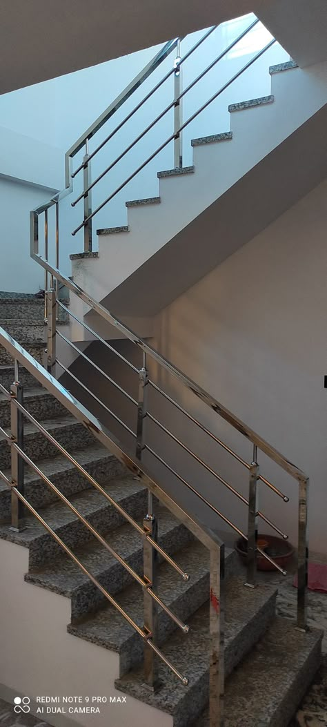 Stainless Steel Railing Stairs, Stair Railing Design Stainless Steel, Staircase Design Steel Stair Railing, Stairs Steel Railing Design Modern, Stainless Steel Bed Design, Stairs Relling Design Steel, Steel And Glass Railing Design, Ss Steel Railing Design, Stainless Steel Staircase Design