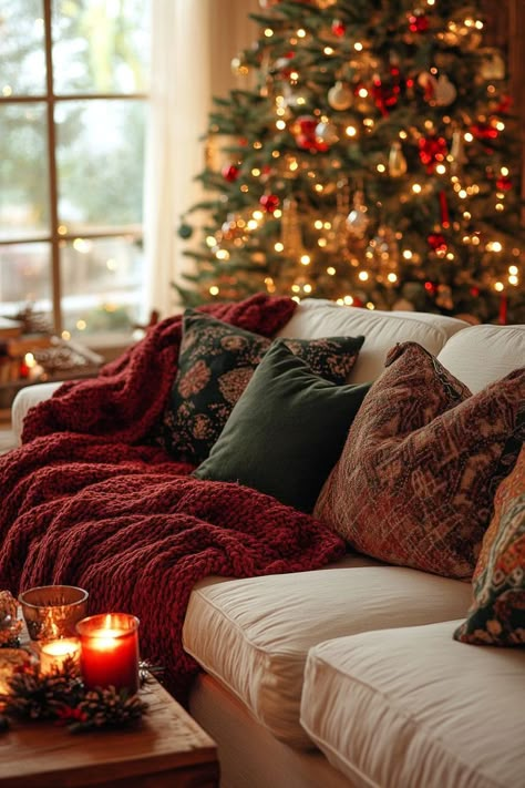 Cozy living room with a white sofa, dark green and brown pillows on the couch, a red blanket over them, a Christmas tree decorated with lights behind it, candles around the furniture, home decor for New Year's Eve, a warm atmosphere, and a sense of home comfort. Christmas Couch Decor, Christmas Couch Pillows, Christmas Sofa Decor, Christmas Interior Design, Brown Sofa Living Room, Christmas Sofa, Christmas Tree Decorated, Red Blanket, Red Christmas Decor