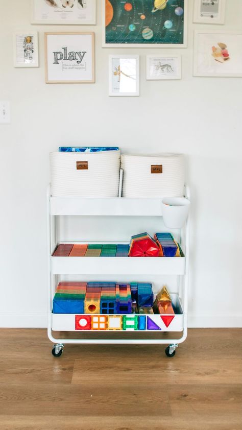 Storing Connetix Tiles⠀ ⠀ We’ve found that the best way to store our @connetix_tiles is with a large rolling cart from The Container Store… | Instagram Magnet Tiles Storage, Magnatile Storage Ideas, Picasso Tiles, Connetix Tiles, Magnet Tiles, Magnetic Tiles, Storage Closet, Rolling Cart, The Container Store