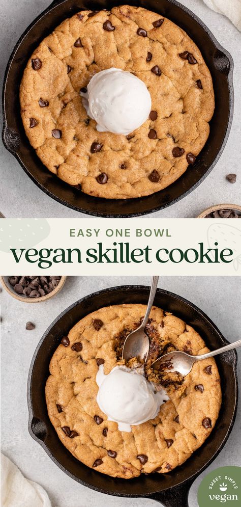 This vegan chocolate chip skillet cookie requires just one bowl and about 30 minutes of your time. It's loaded with flavor and will satisfy any sweet tooth! #30minute #onebowl #cookies #vegancookies #veganskilletcookie #skilletcookie #veganchocolatechipcookie #dairyfree #eggfree #vegandessert Chocolate Chip Cookie Bowls, Healthy Vegan Cookies, Chocolate Chip Skillet Cookie, Cookie Skillet, Skillet Chocolate Chip Cookie, Gluten Free Sugar Cookies, Skillet Cookie, Vegan Chocolate Chip Cookies, Healthy Vegan Desserts