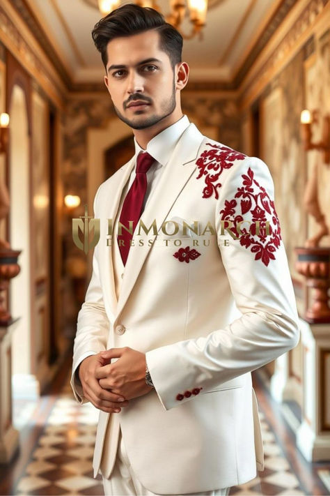 Shop Mens Cream Luxurious Red Embroidered 6 Piece Tuxedo - InMonarch Cream Tuxedo, Tie Vest, Wedding Outfit Men, Cream Wedding, Red Embroidery, Shirt Tie, Tuxedo Suit, Men’s Suits, Formal Suits