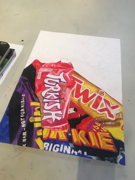 Make a collage with chocolate/candy wrappers Food Gcse Art, Candy Wrappers Drawing, Food And Drink Art Gcse, Food Art Gcse, Chocolate Wrapper Art, Candy Collage, Sweet Wrapper Art, Food Art Gcse Final Piece, Gcse Art Final Piece