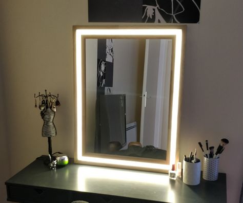 Modern Wood and LED Vanity Mirror: My wife was complaining about her (very) small mirror she used every day while doing makeup, and the bad lighting. So I suggested to make her a modern vanity mirror with LED. I choose LED over bulb lights because our console table is not very wide... Diy Mirror With Lights, Diy Makeup Mirror, Diy Vanity Mirror, Vanity Mirror With Lights, Diy Makeup Vanity, Mirror Frame Diy, Mirror With Led Lights, Diy Vanity, Led Strip Lights