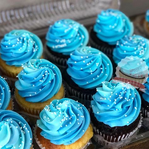 Baby Shower Ombré Cupcakes @smallandsimpleconfections #smallandsimpleconfections #BlueOmbre #BoyBabyShower #BabyShower #BabyShowerCupcakes… Blue Frosting Cupcakes, Blue Ombre Cupcakes, Blue Cupcake Ideas, Ombré Cupcakes, Cupcake Azul, Moana Cupcakes, Blue Baby Shower Cake, Ocean Cupcakes, Simple Cupcakes