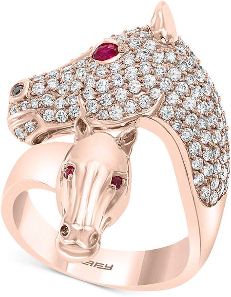 Effy Diamond (1-1/6 ct. t.w.) & Certified Ruby (1/10 ct. t.w.) Horse Ring in 14k Rose Gold Cool Ring Designs, Horse Rings, Living In The Jungle, Equine Jewelry, Animal Rings Jewelry, Wolf Designs, Equestrian Outfit, Snow Wolf, Statement Bracelets